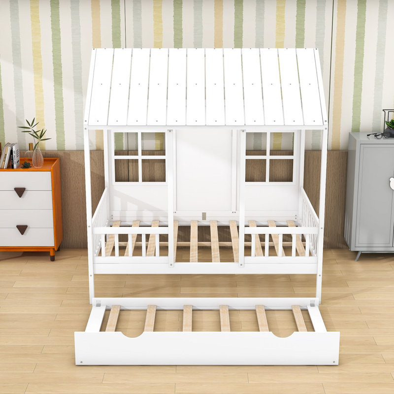 Lit en bois en forme de maison avec fenêtre et lit gigogne simple, Double