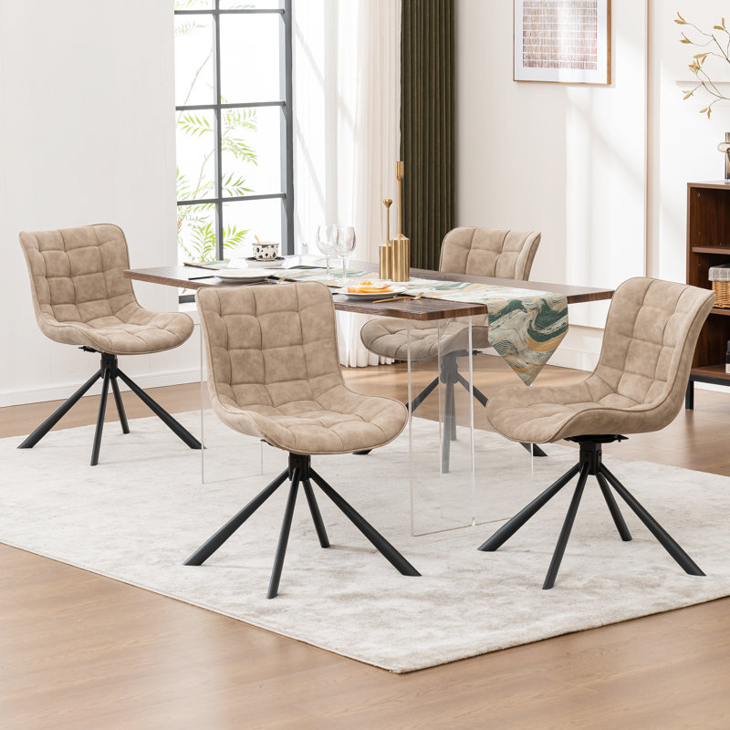 Tufted Swivel Leather Upholstered Side Chairs Modern Dining Chairs with Metal Legs, Beige