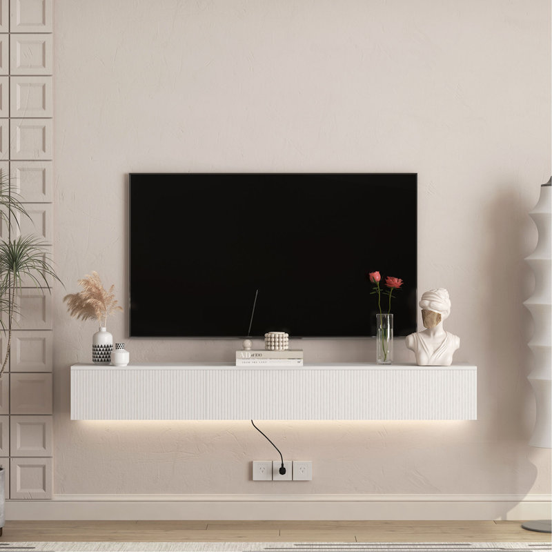 Meuble télé flottant fixé au mur avec 16 DEL de couleur, centre de divertissement moderne pour téléviseurs de 55 à 65 pouces, grand espace de rangement