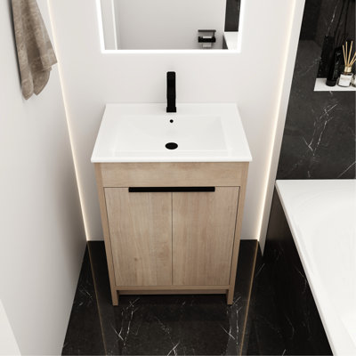 Modern Bathroom Sink Vanity - Freestanding Ceramic 2 Soft-Close Doors Adjustable Shelf Plain Oak With Plywood