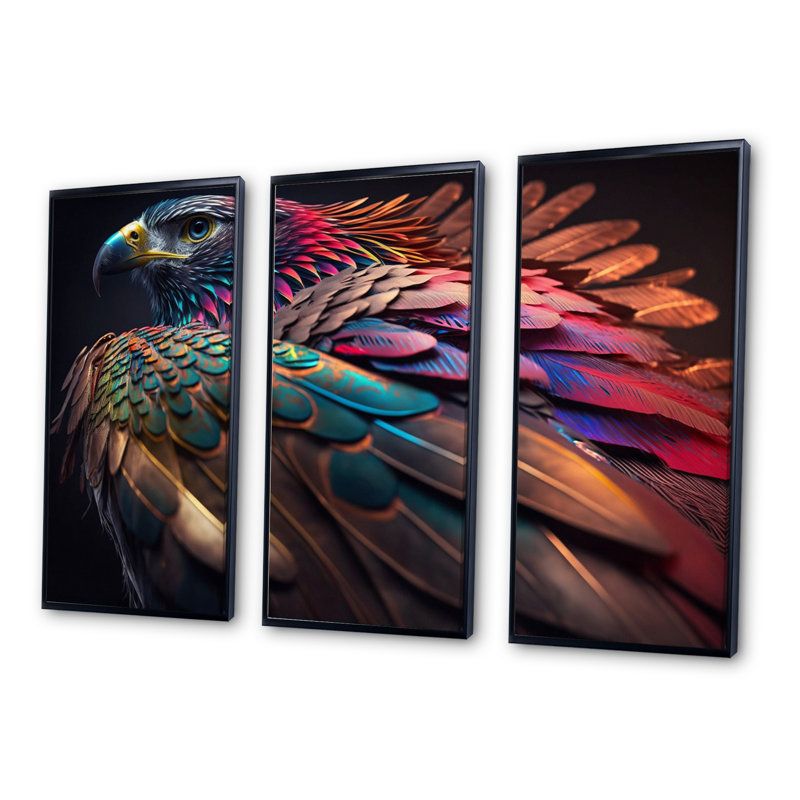 Macro Colorful Feather Eagle II - 3 pièces, reproduction sur toile, Noir, H 28 po x l 36 po x P 1 po