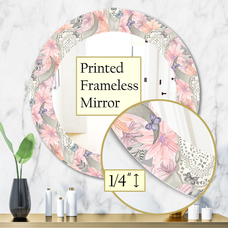 Miroir mural rose, imprimé bohémien et éclectique ovale / rond - fleur rose 25, H 31,5 po x l po