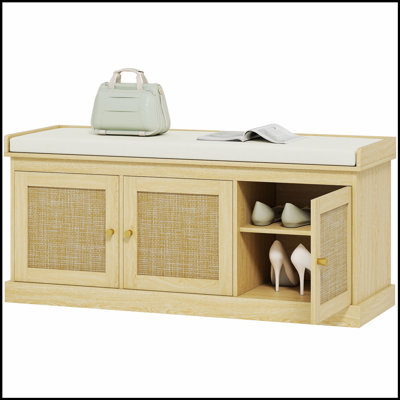 Stylish Rattan Door Shoe Storage Bench With Thick Foam Seat, Perfect For Entryways And Extra Seating