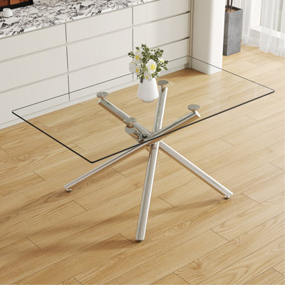 Large Modern Minimalist Rectangular Glass Dining Table With 0.39" Tempered Glass Tabletop And Silver Chrome Metal Legs, For Kitchen Dining Living Meeting Room Banquet Hall