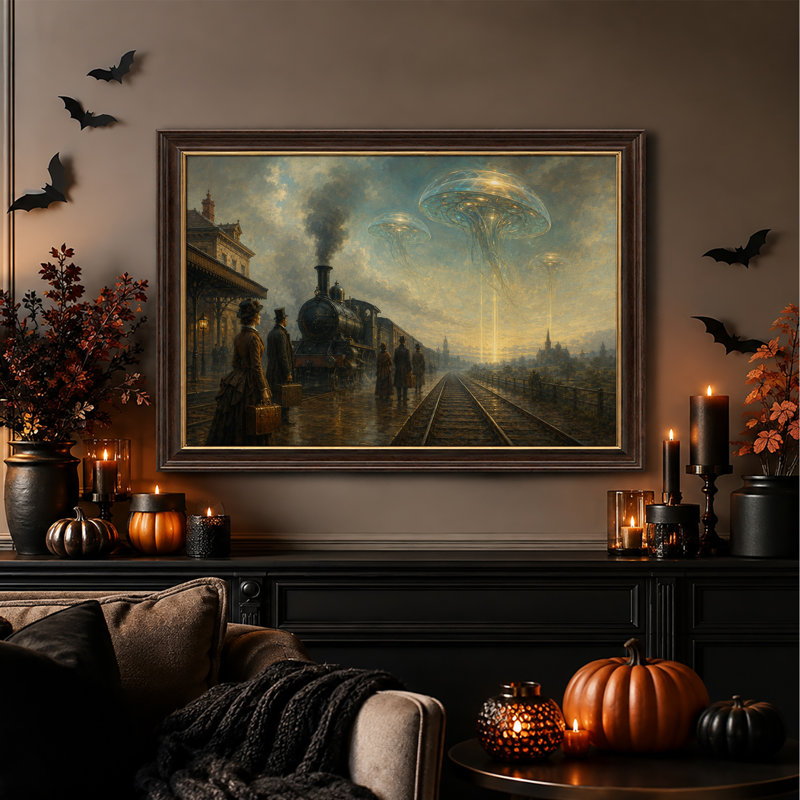 " Steam Train and Glowing Jellyfish UFOs at Halloween " Painting, 16"H x 24"W