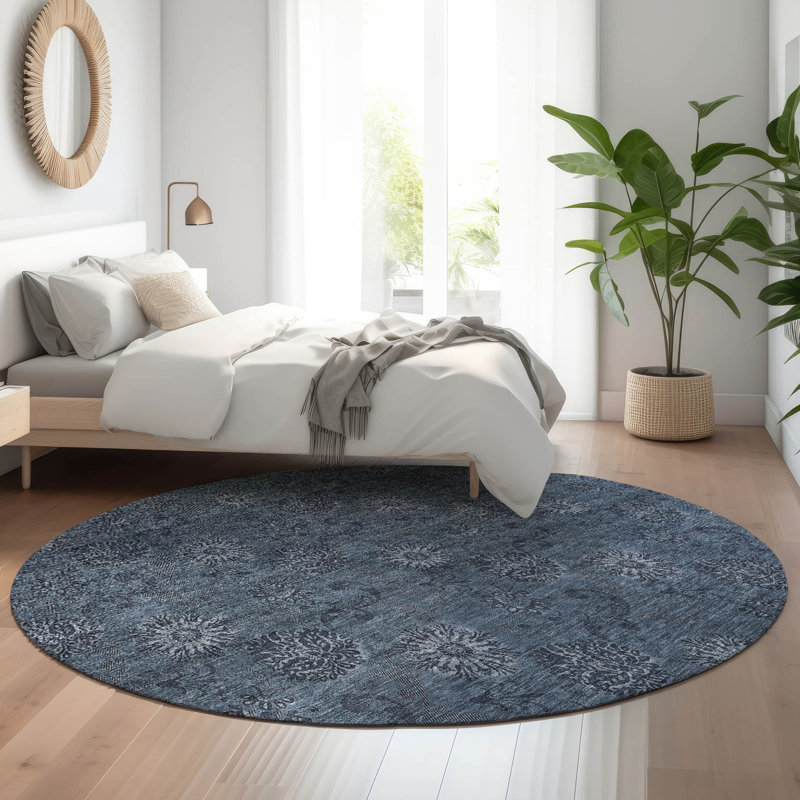 Premium Machine Washable Prisco Blue Rug, Round 8'