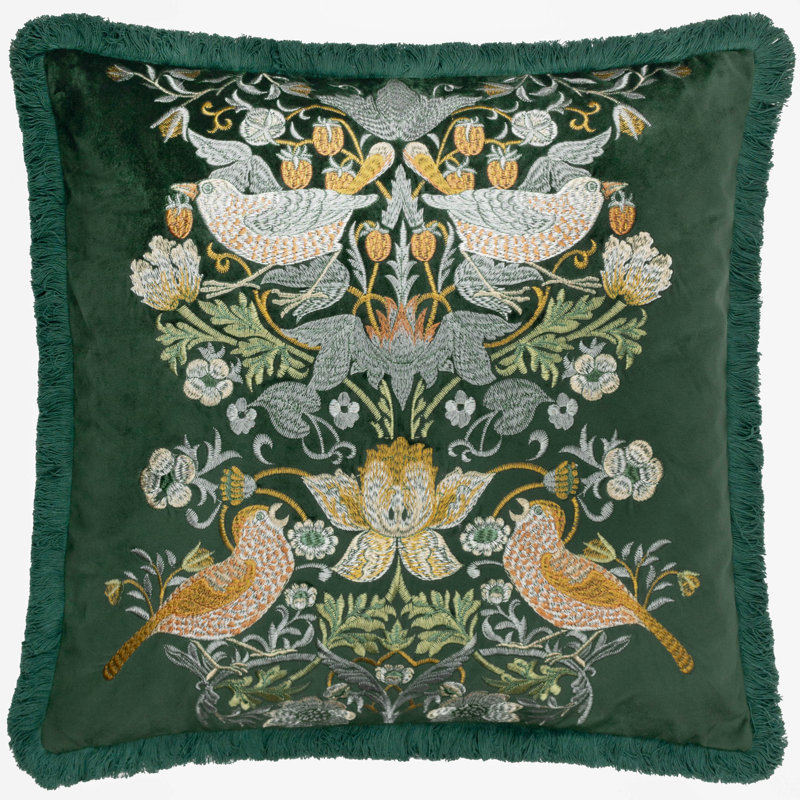 Strawberry Thief Floral Square Cushion Cover, Green Floral