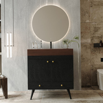 Contemporary Freestanding Bathroom Vanity With Faux Marble Top, Ceramic Sink, And Smart Double-Door Storage System.