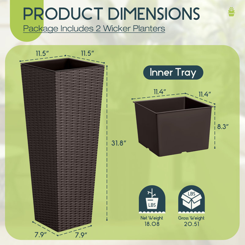 Ebern Designs 2-piece Premium Imitation Rattan Plastic Planters With  Drainage Holes, Tall Planter Pots For Indoor & Outdoor Use & Reviews |  Wayfair
