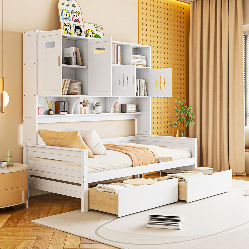 Twin Size Wooden Daybed With 2 Drawers, And All-In-One Cabinet And Shelf, White, Twin, White