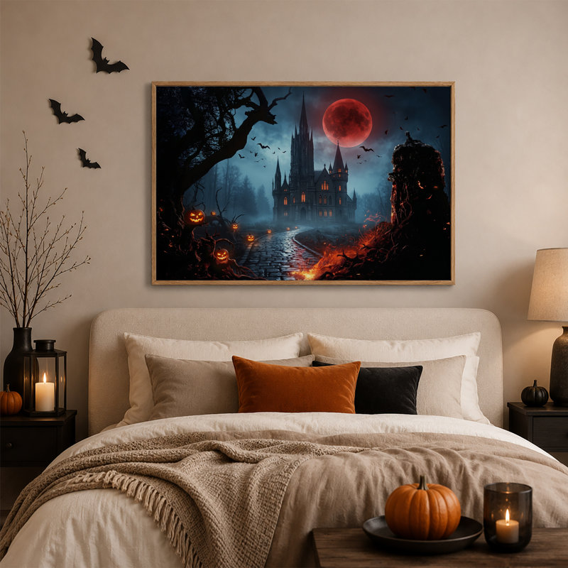 «Haunted Gothic Castle Under Blood Moon with Halloween», art mural sur toile, H 18 po x l 24 po