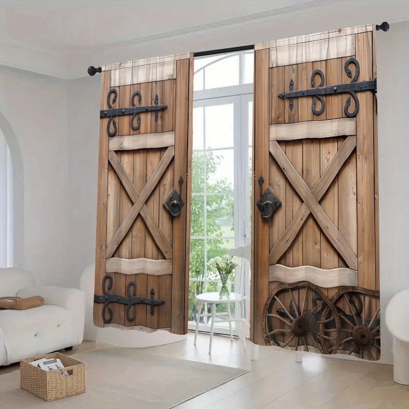 2Pcs Rustic Barn Door Curtains, Wagon Wheel Design, Iron Hinges Pattern, Country Farmhouse Style, Rod Pocket Mount, Digital Printing, Suitable for Living Room, Bedroom, Kitchen, Home Decor