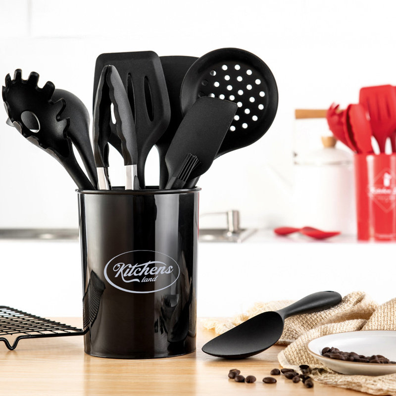 17 Stories 12 Piece Cooking Utensil Set with Utensil Crock, Black