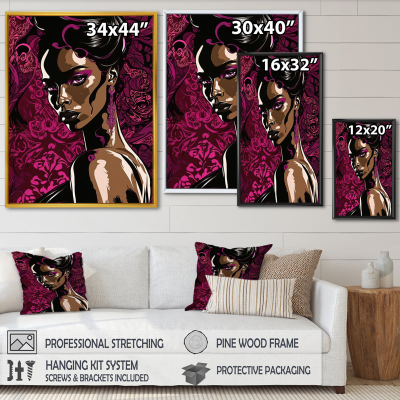 «Retro Haute Couture African American Lady VII», reproduction sur toile, H 32 po x l 16 po x P 1 po, Cadre flottant noir