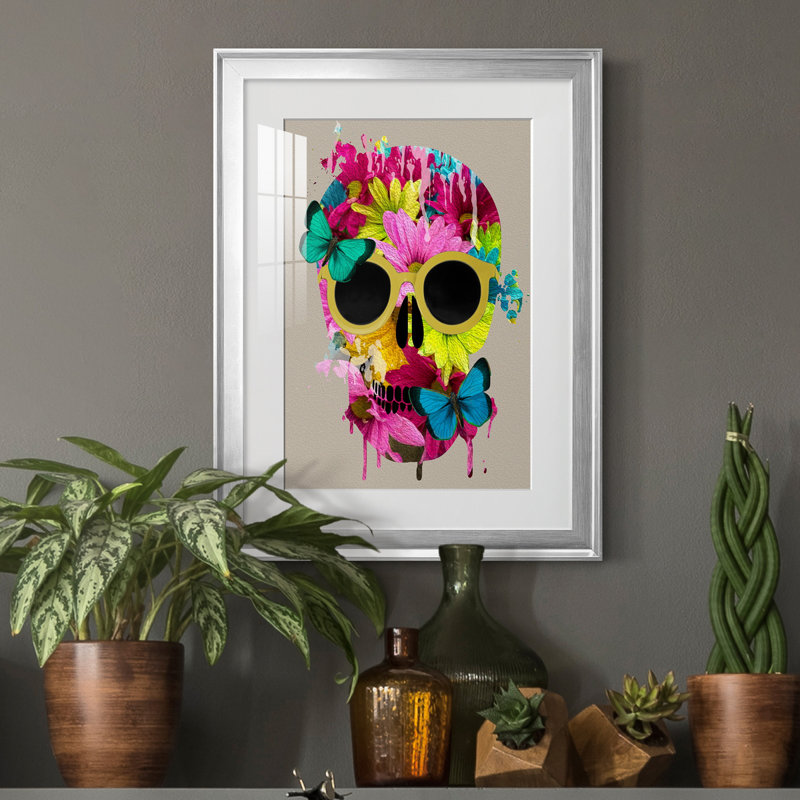 Crâne floral - peinture encadrée, Argent, H 22,5 po x l 30,5 po x P 1,5 po