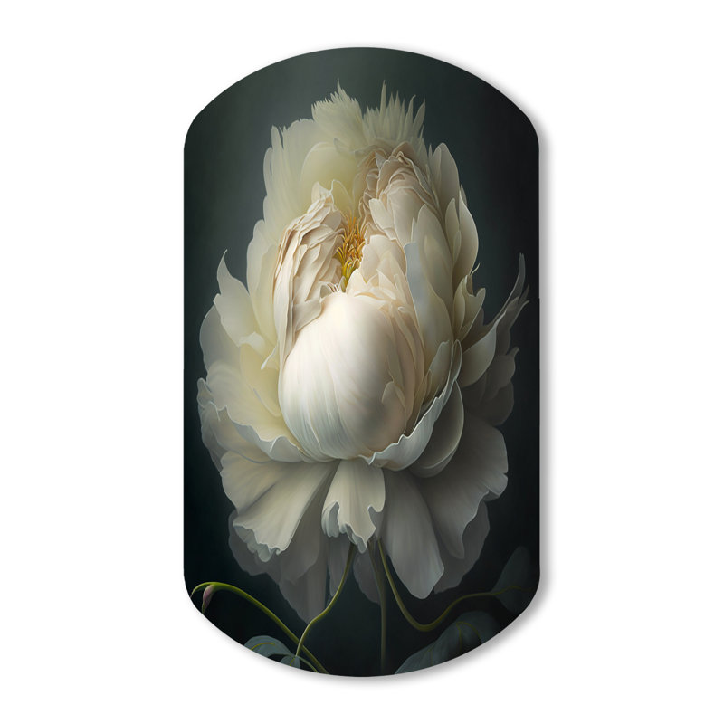 Pivoine blanche sur fond noir I - Art floral mural en forme de cylindre floral pivoine asymétrique, H 43 po x l 23 po