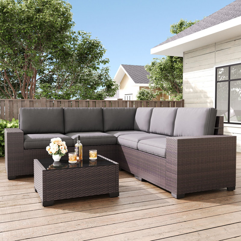  Ensemble de meubles de patio 6 pièces, ensemble de conversation modulaire en rotin noir, Gris, Brun