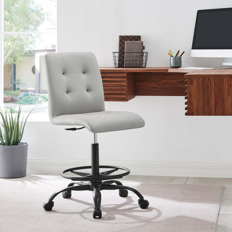 Modway Prim Armless Vegan Leather Drafting Chair, Light Gray, Black