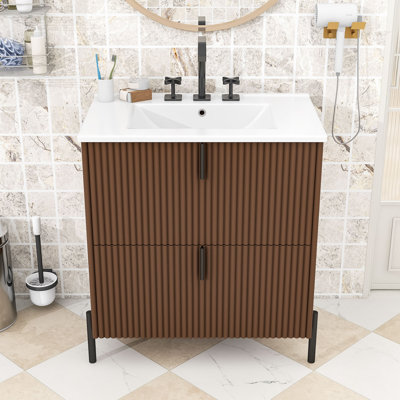 Meuble-lavabo autoportant avec lavabo en céramique, tiroirs à fermeture en douceur et conception cannelée