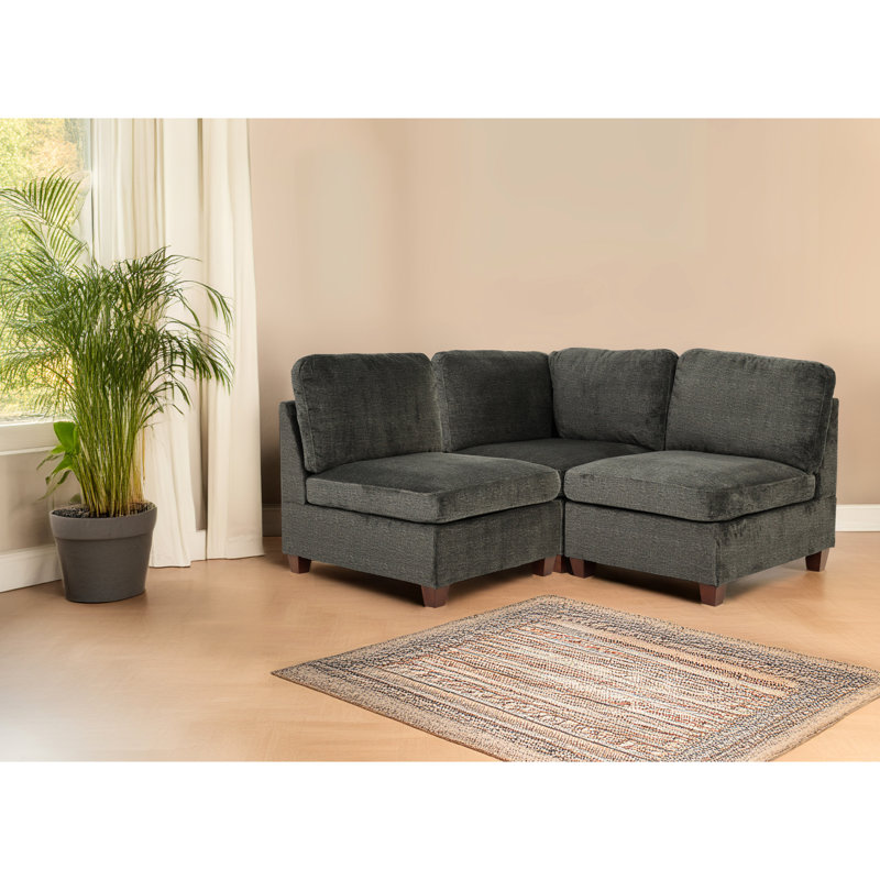 Chenille grise 3 pièces modulaire, dossier coussiné avec tissu modulaire sans accoudoirs et option de design