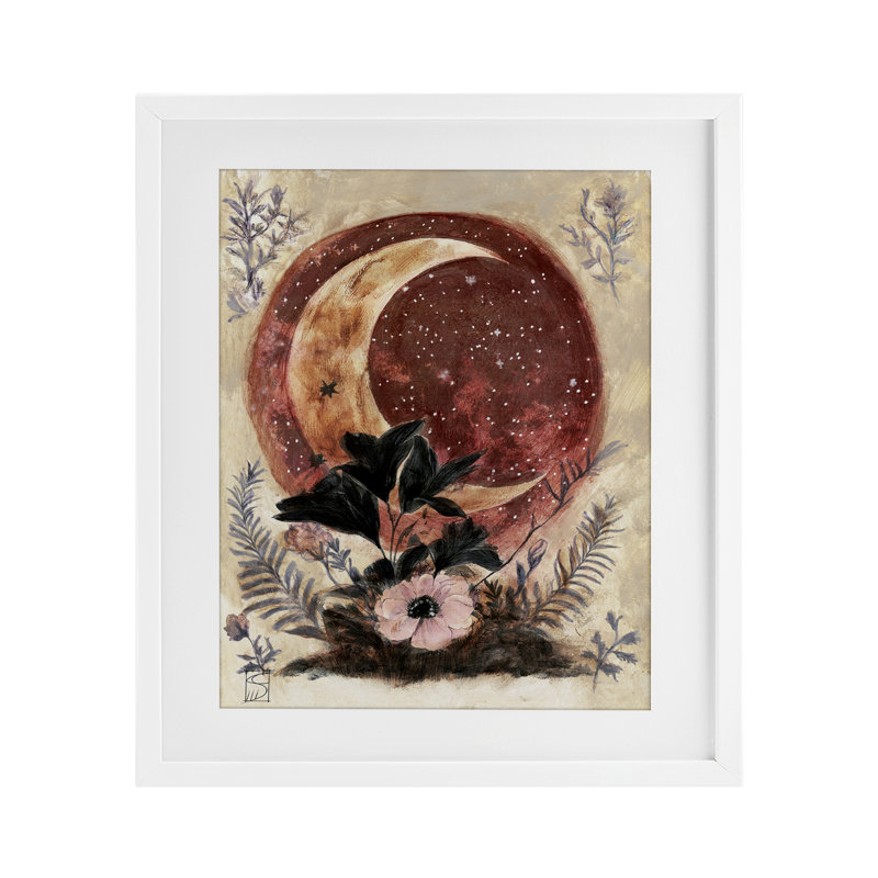 «Crescent Moon & Florals», reproduction sous verre encadrée, design par Sara Culpepper, H 21 po x l 17 po, Cadre blanc côtier