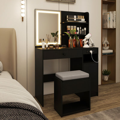 Vanity Desk Set with Mirror & Lights Power Outlet Cushioned Stool Drawer & Shelves