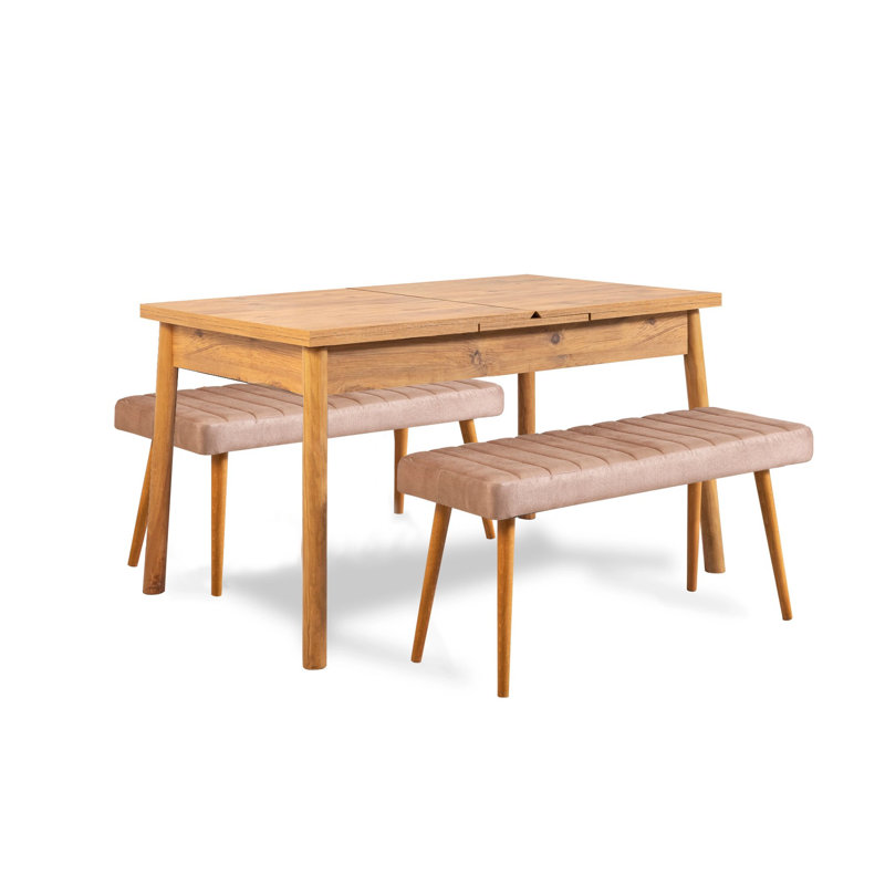 Ensemble de table de salle à manger et de banc extensible D d'effort (3 pièces), Naturel / Beige
