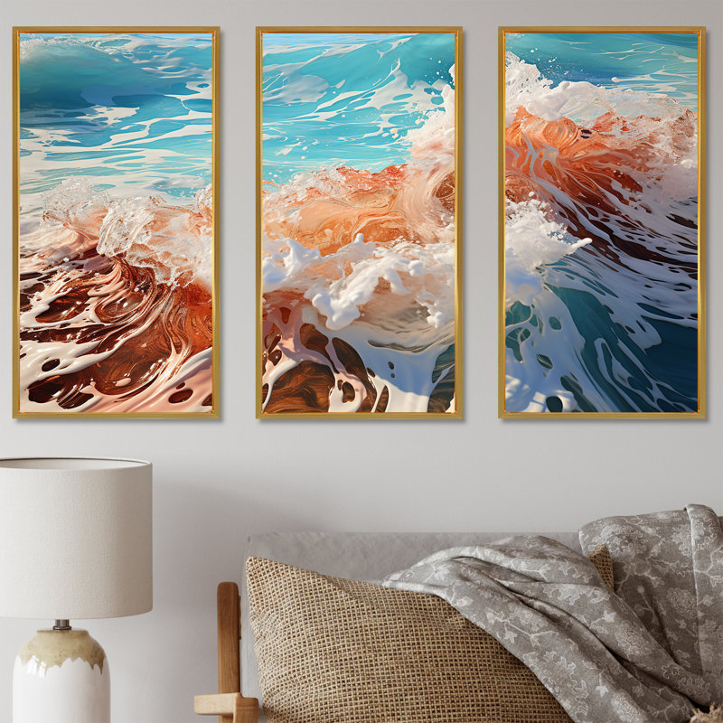 «Beach Waves Fusion» - ensemble d'art mural plage, Cadre flottant doré, H 28 po x l 36 po x P 1 po
