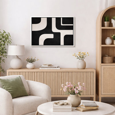 Abstract Black White Bold Geometric Path Pattern Artwork, Modern Living Room Pictures, Framed Canvas Giclee Print Wall Art