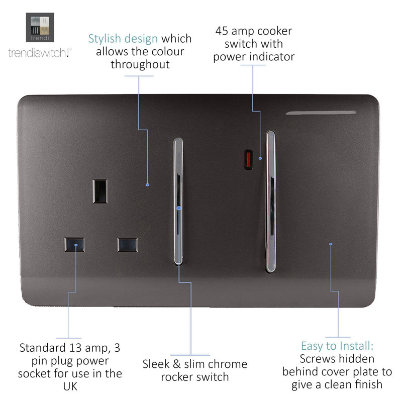 Trendi Switch 45 Amp Cooker Switch & 13 Amp Plug Socket with Neon, Dark Brown