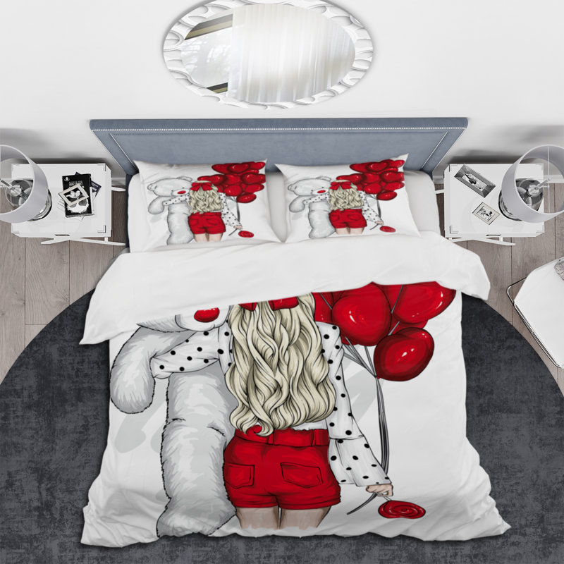 Fille avec des cheveux longs et des ballons en forme de cœur rouge - ensemble de housse de couette moderne - microfibre de polyester