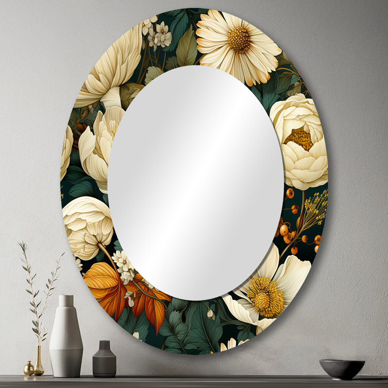 Motif de fleurs de chrysanthème Earthy Greens - miroir mural traditionnel ovale, H 43 po x l 33 po