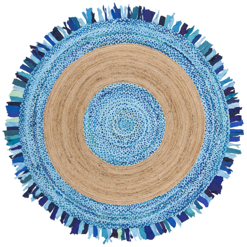 Yousef Hand Woven Cotton/Jute Rug in Turquoise/Natural, Round 3'