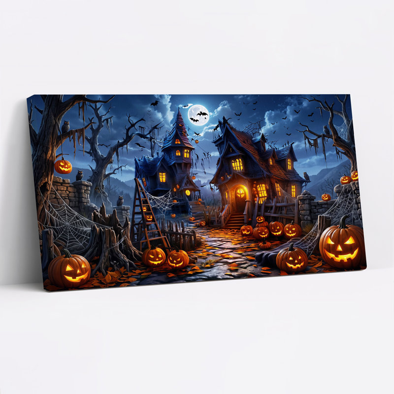 Art mural sur toile, "Haunted maisons with Glowing Pumpkins Under", L 24 po x H 12 po