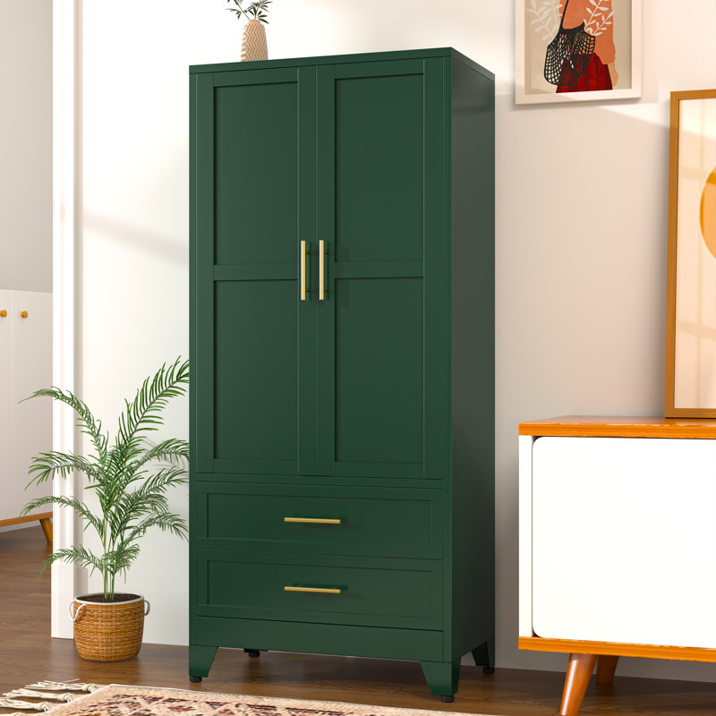 Green Metal Freestanding Wardrobe Armoire with Drawers and Hanging Rod