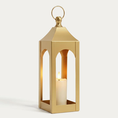 Modern Farmhouse Lantern Decor Metal Decorative Hanging Candle Lanterns，Ideal for Home Decor, Parties & Events, 15.1" High (No Glass Panel) Golden