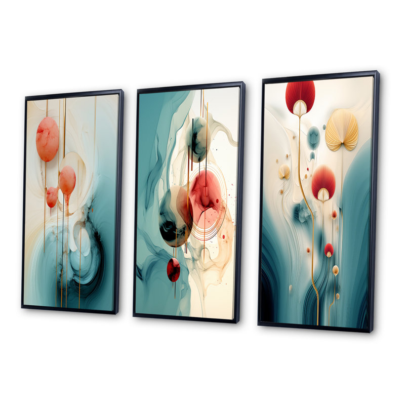 «Tender Awakening» en bleu et rouge - Ensemble d'art géométrique moderne de 3 pièces, Cadre flottant noir, H 28 po x l 36 po