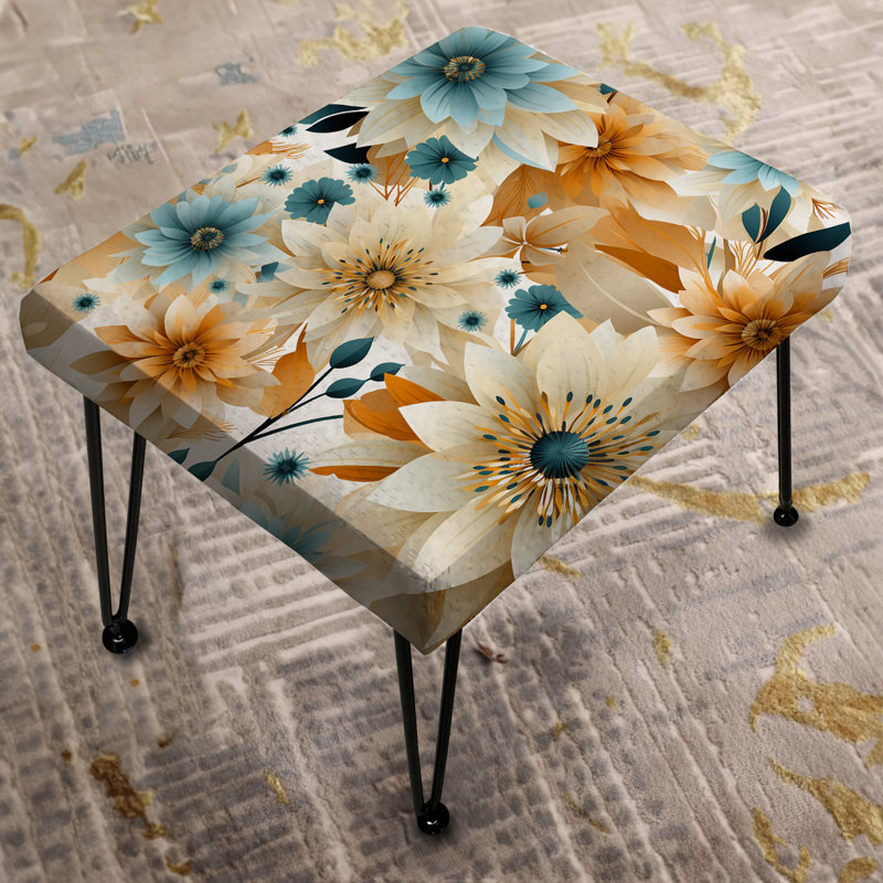 Repose-pieds géométrique bleu et beige à motif floral Fusion Elegance II