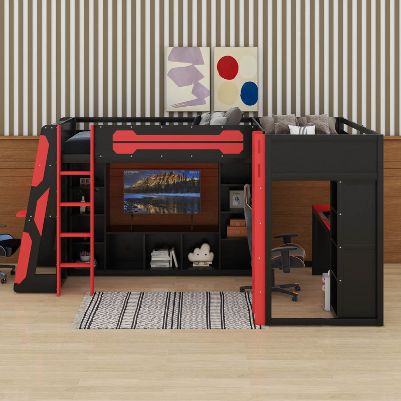 L-Shaped Wooden Twin Size Gaming Bed Frame With RGB LED Lights, Dual Twin Beds, USB Ports, TV Stand & Storage Shelves, Reversible Layout, Space-Saving Wood Loft Bed