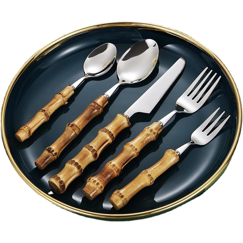 Ensemble de couverts en bambou pour 12 personnes, couverts en acier inoxydable avec design en bambou, allant au lave-vaisselle, élégants ustensiles de salle à manger pour la maison ou le restaurant