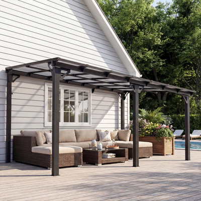 Wall-Mounted Aluminum Pergola, Modern Hardtop Gazebo with UV-Protected Polycarbonate Roof