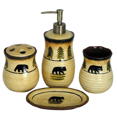 Rustic Bear Ceramic Rustic Lodge Bear 4 Piece Bathroom Accessory Set