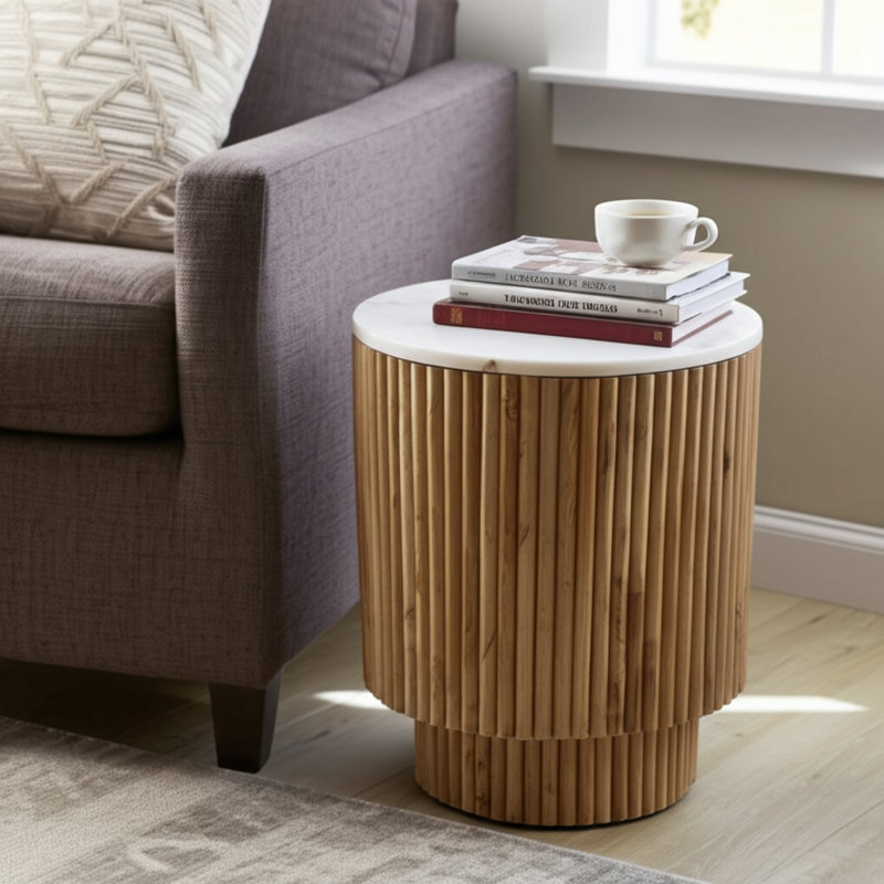 Table de bout à piédestal nervurée avec plateau en marbre Odera, Naturel