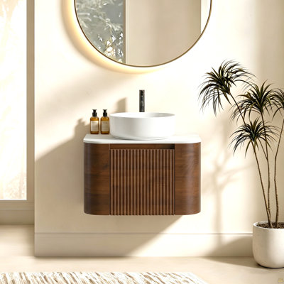 Meuble-lavabo 24 po avec lavabo, armoire murale en noyer avec porte-serviettes gratuit, lavabo simple en céramique blanche, sans bonde ni robinet, pré-assemblé