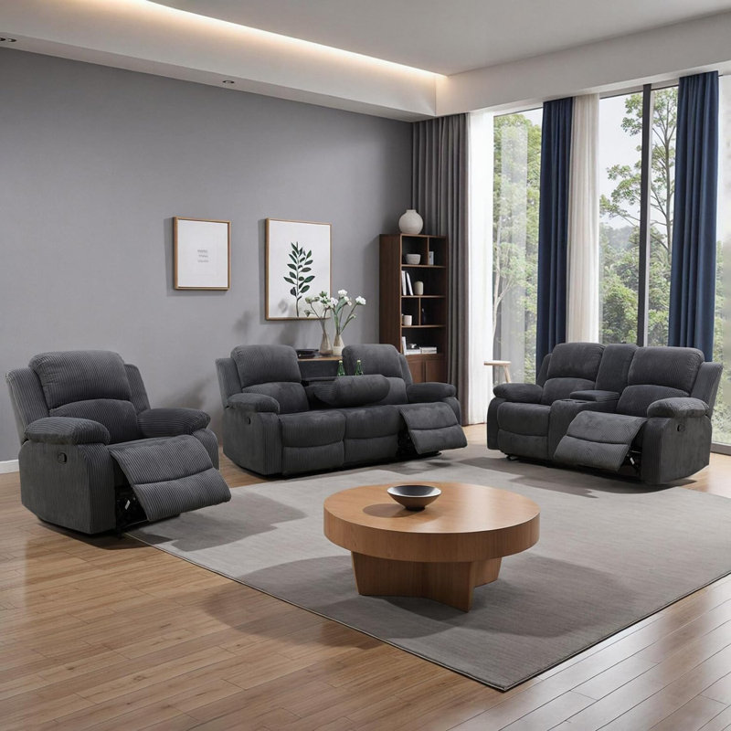 Canapé inclinable 3 pièces en velours côtelé, Gris