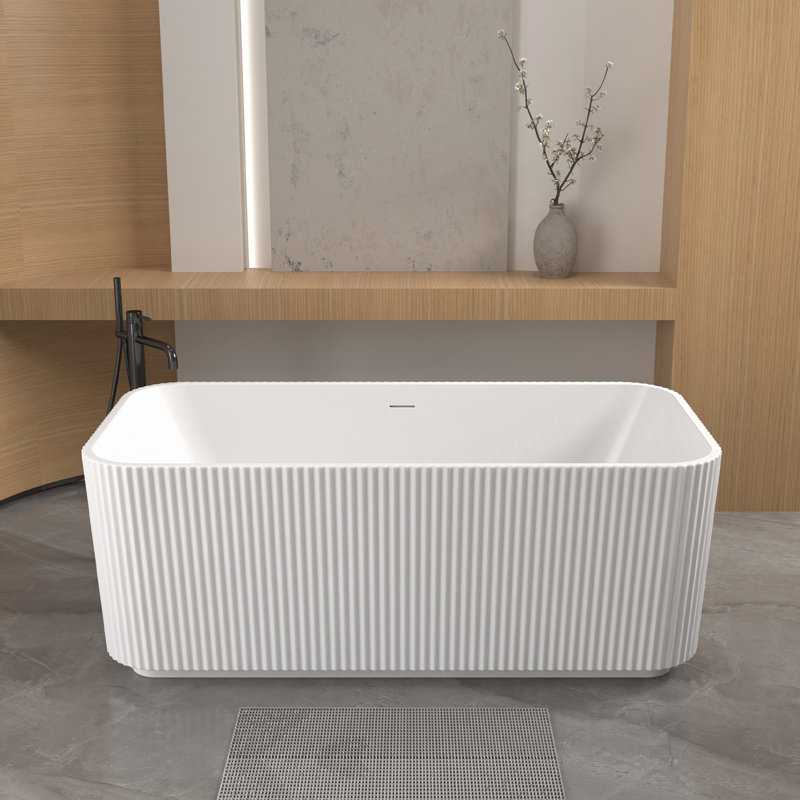59"Rectangle Linear Acrylic Freestanding Bathtub Stand Alone Soaker Tub, Glossy White Acrylic, POP-UP Chrome Drain, Cupc Certified,