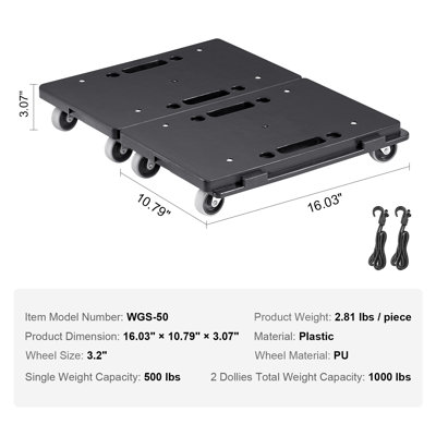 Furniture Dolly, 500 lbs Capacity Each Count, Portable Moving Rollers 4 Wheels Heavy-Duty, 2 Pack, Furniture Mover with Wheels, Small Flat Dolly Cart with Interlocking for Heavy Furniture, Black