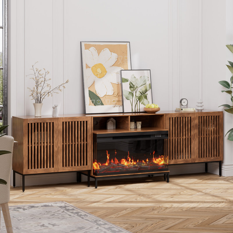 3-sided Glass Farmhouse Fireplace Tv Stand For Tvs Up To 100 Inch, Entertainment Center With 36" Electric Fireplace,brown Tv Console With Storage Cabinets For Living Room