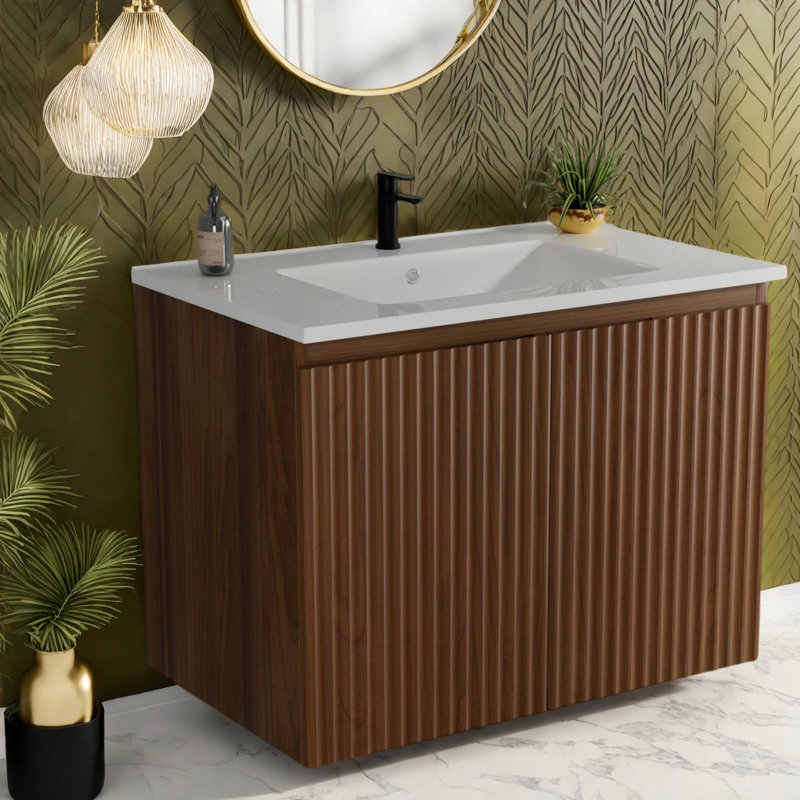 Meuble-lavabo moderne en bois de noyer avec lavabo, solution portable peu encombrante