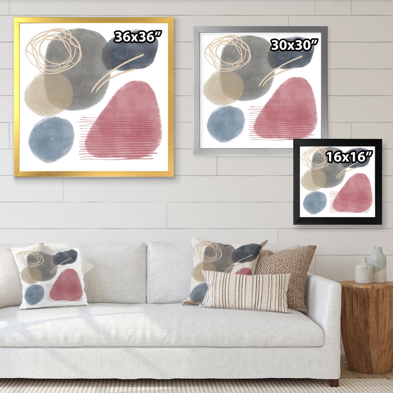Éléments abstraits rouges, bleus et gris organiques - Peinture sur toile, H 16 po x l 16 po x P 1 po, Cadre noir